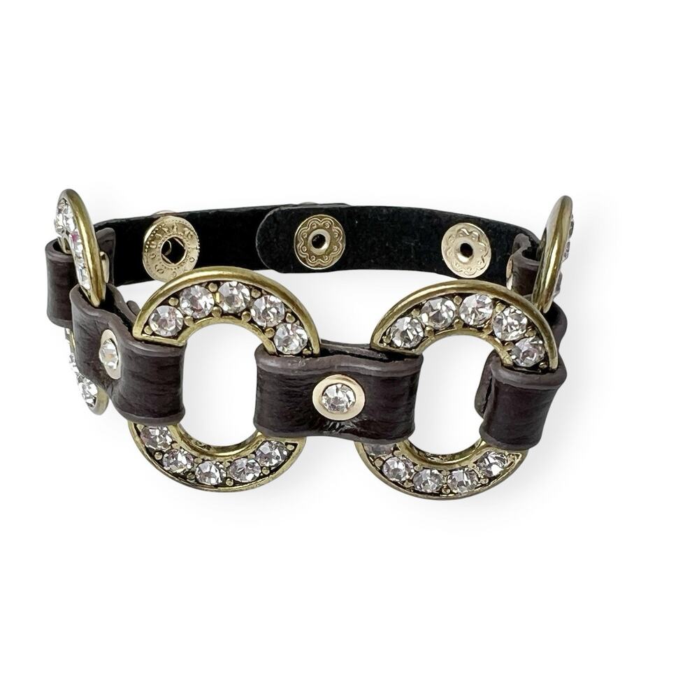 Guang Tong Bracelet Faux Leather Rhinestones Gold Tone Western Glam Boho Chic